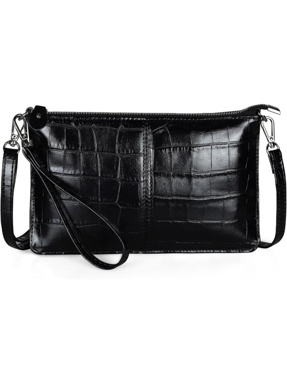 Women's Black Crocodile Leather Wristlet Clutch Phone Wallet Crossbody Purse